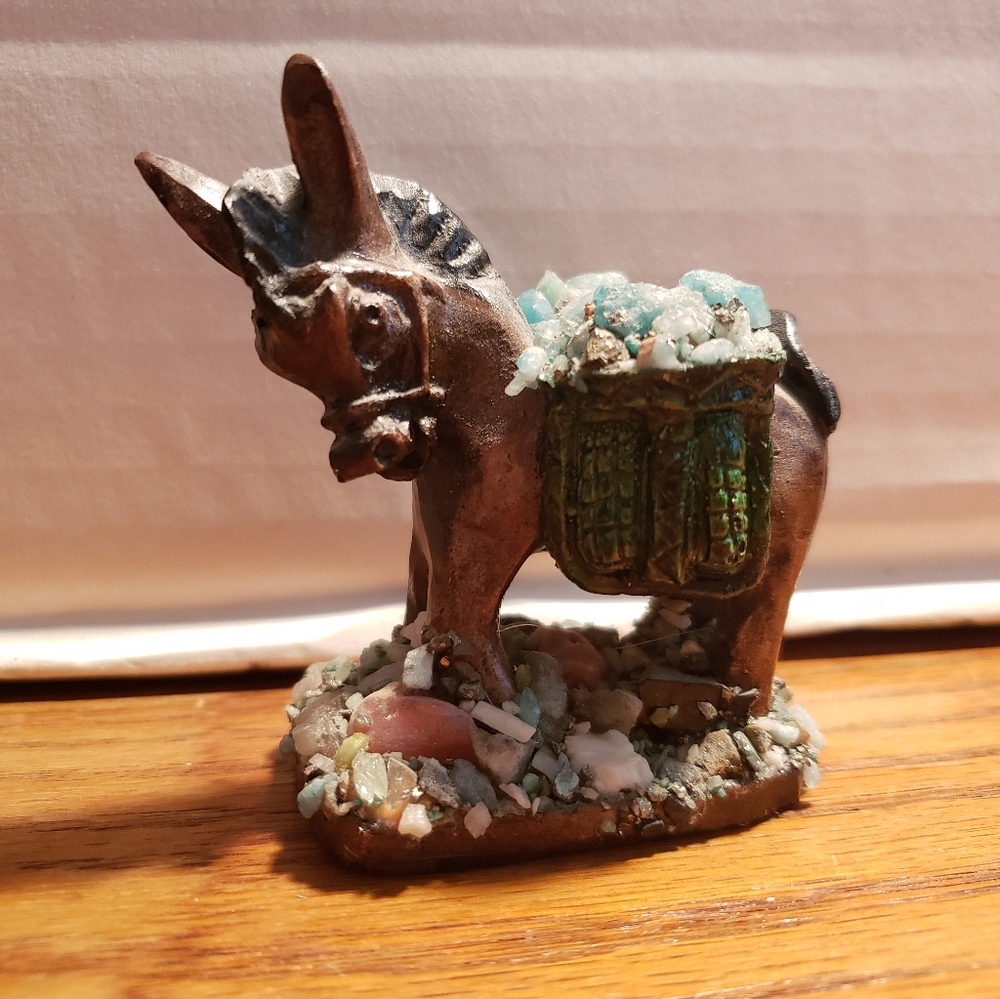 Handmade Colombian Donkey Burro Figurine With Natural Emeralds Rough Beryl
